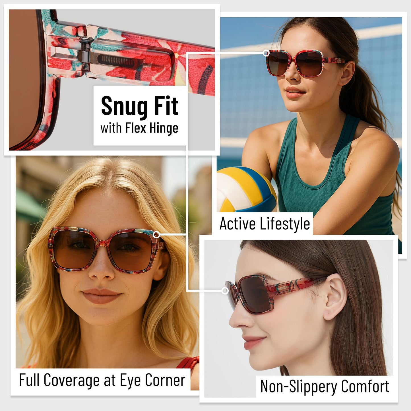 Leafael Polarized Oversized Sunglasses for Women, Red Floral Square Frame, UV400 Protection Shades, Trendy Retro Designer Style