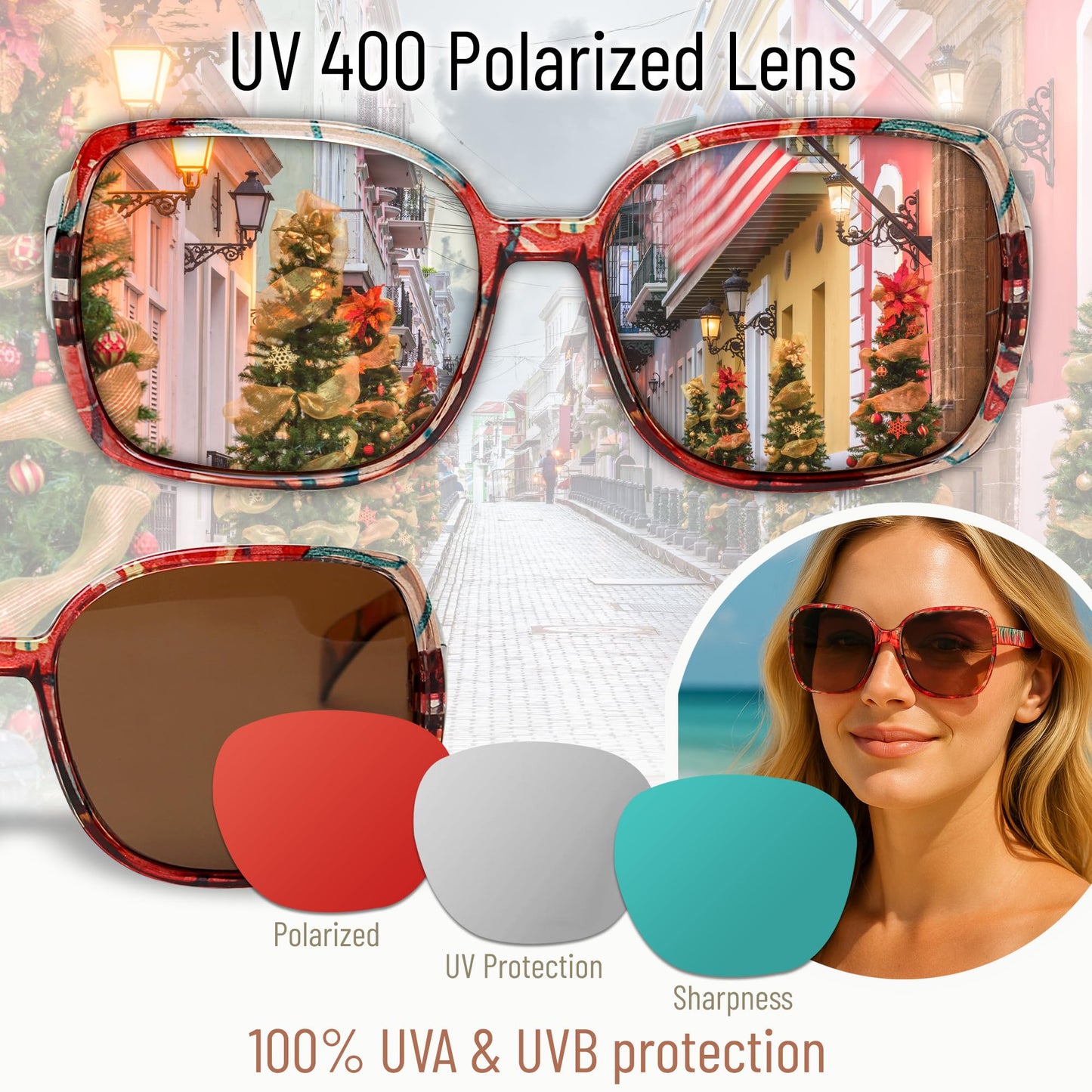 Leafael Polarized Oversized Sunglasses for Women, Red Floral Square Frame, UV400 Protection Shades, Trendy Retro Designer Style