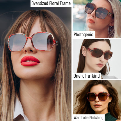 Leafael Polarized Oversized Sunglasses for Women, Red Floral Square Frame, UV400 Protection Shades, Trendy Retro Designer Style