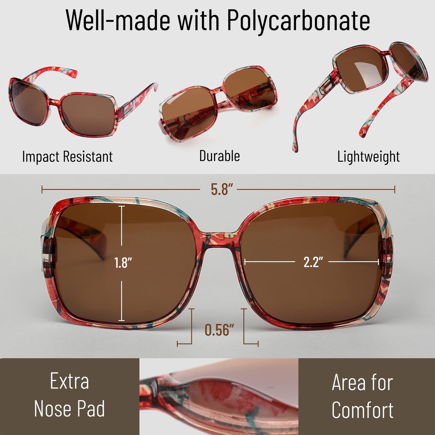Leafael Polarized Oversized Sunglasses for Women, Red Floral Square Frame, UV400 Protection Shades, Trendy Retro Designer Style
