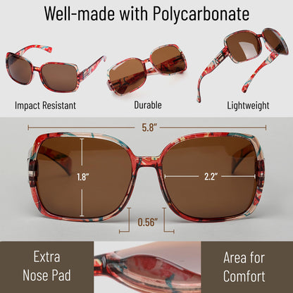 Leafael Polarized Oversized Sunglasses for Women, Red Floral Square Frame, UV400 Protection Shades, Trendy Retro Designer Style