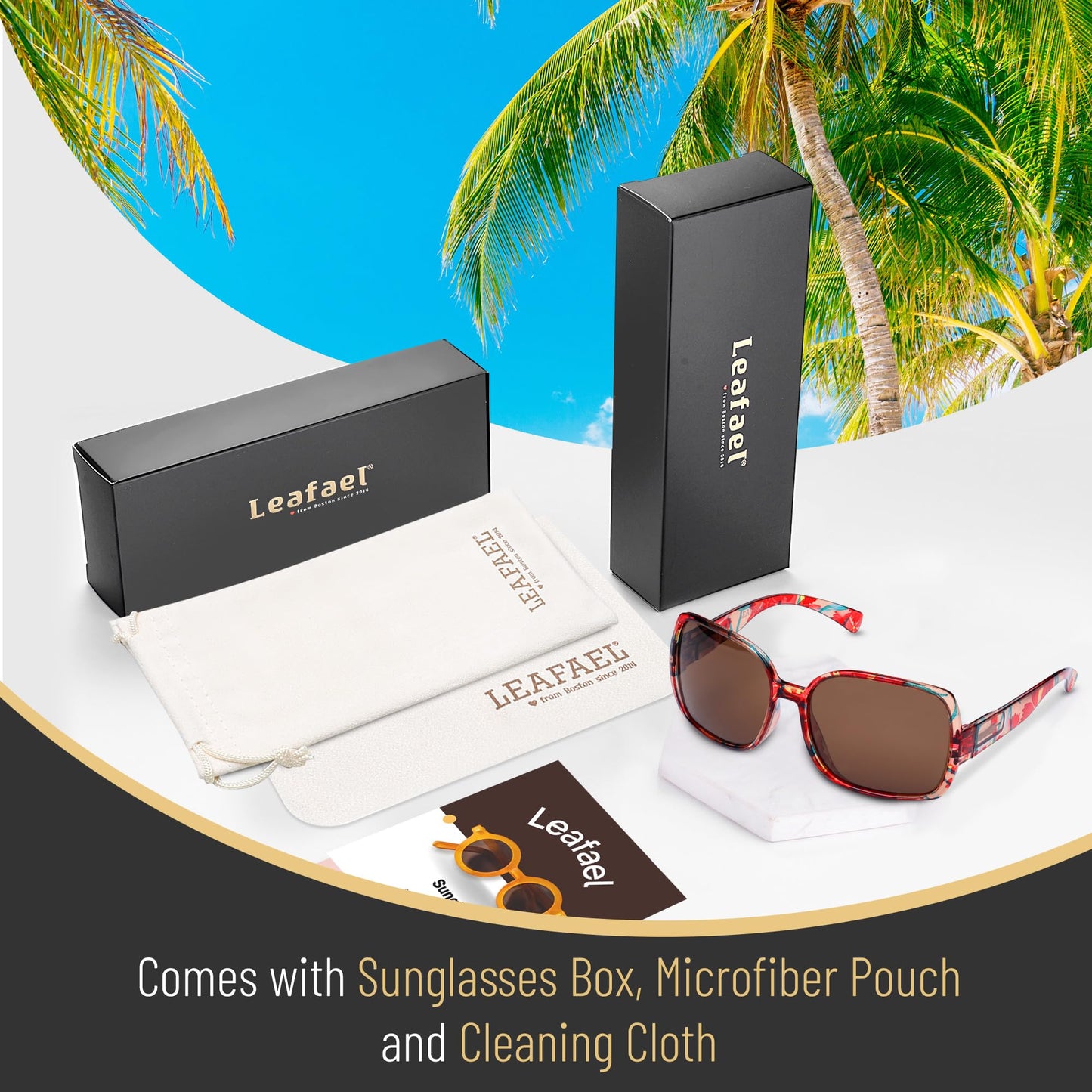 Leafael Polarized Oversized Sunglasses for Women, Red Floral Square Frame, UV400 Protection Shades, Trendy Retro Designer Style