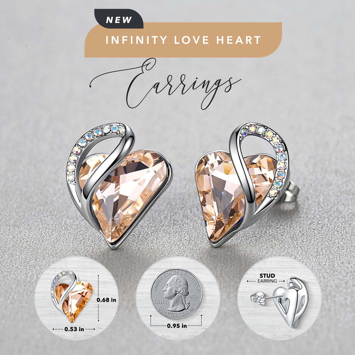 Leafael Infinity Love Heart Stud Earrings with Birthstone Crystal Women's Gifts, Silver-tone