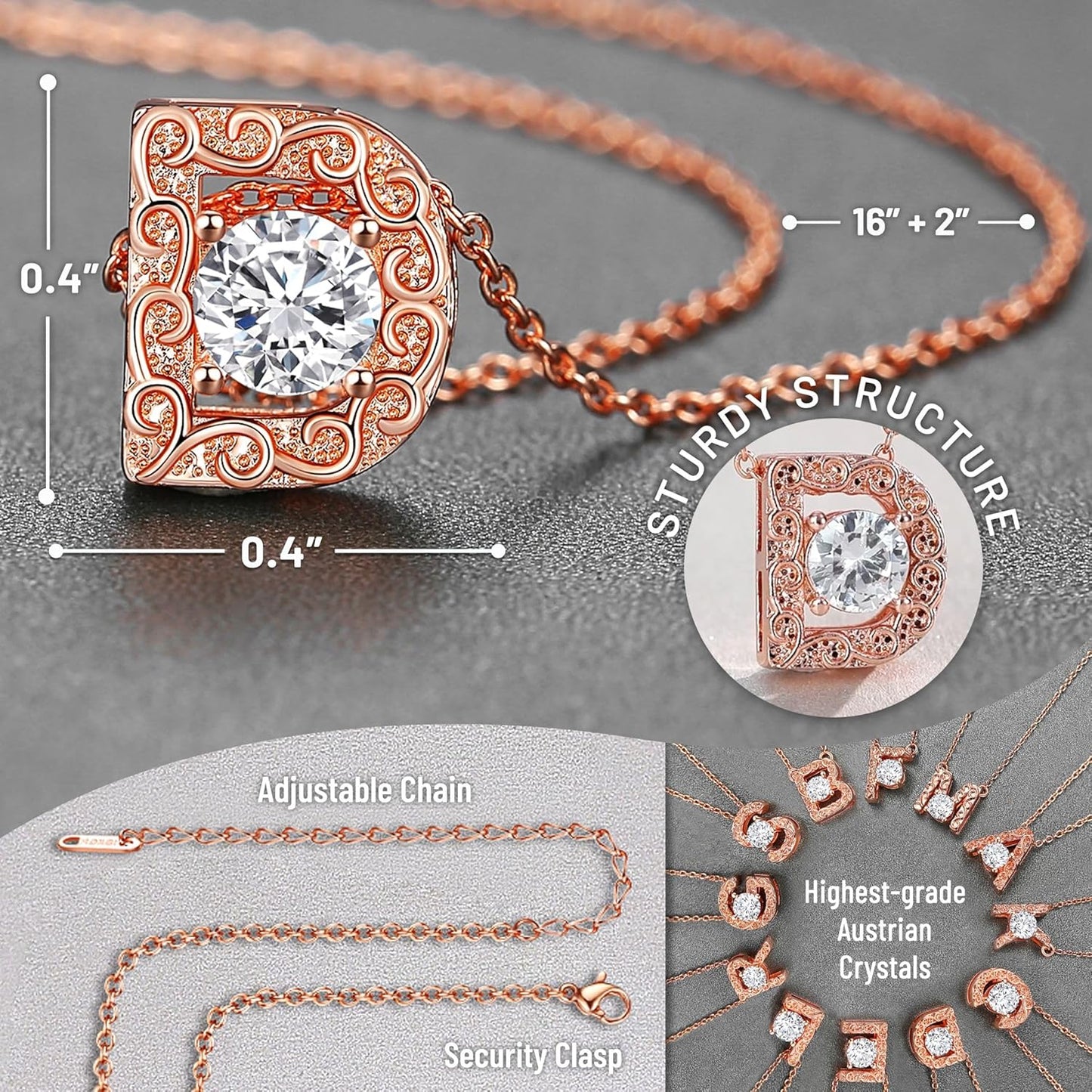 Leafael Initial Letter Necklaces for Women – Personalized 18K Rose Gold Plated Pendant Jewelry with Sterling Silver Chain, Monogram Gift A-Z, 16"+2" Choker