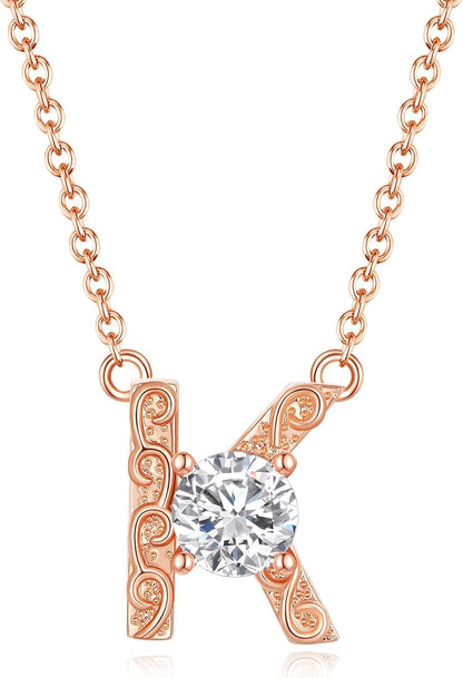 Leafael Initial Letter Necklaces for Women – Personalized 18K Rose Gold Plated Pendant Jewelry with Sterling Silver Chain, Monogram Gift A-Z, 16"+2" Choker