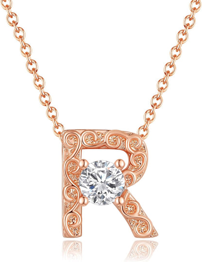 Leafael Initial Letter Necklaces for Women – Personalized 18K Rose Gold Plated Pendant Jewelry with Sterling Silver Chain, Monogram Gift A-Z, 16"+2" Choker
